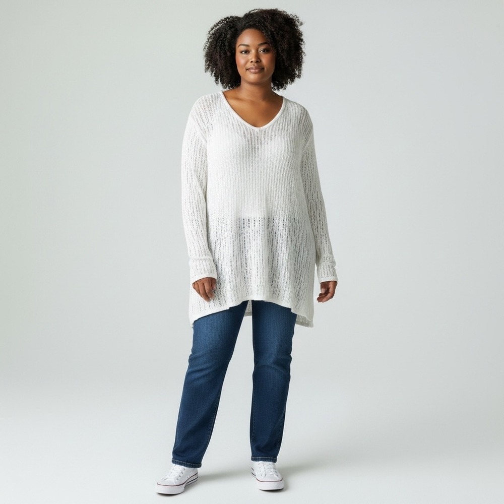 Lane Bryant Designs & Co White Open Knit V-Neck Tunic Sweater Plus Size 18/20